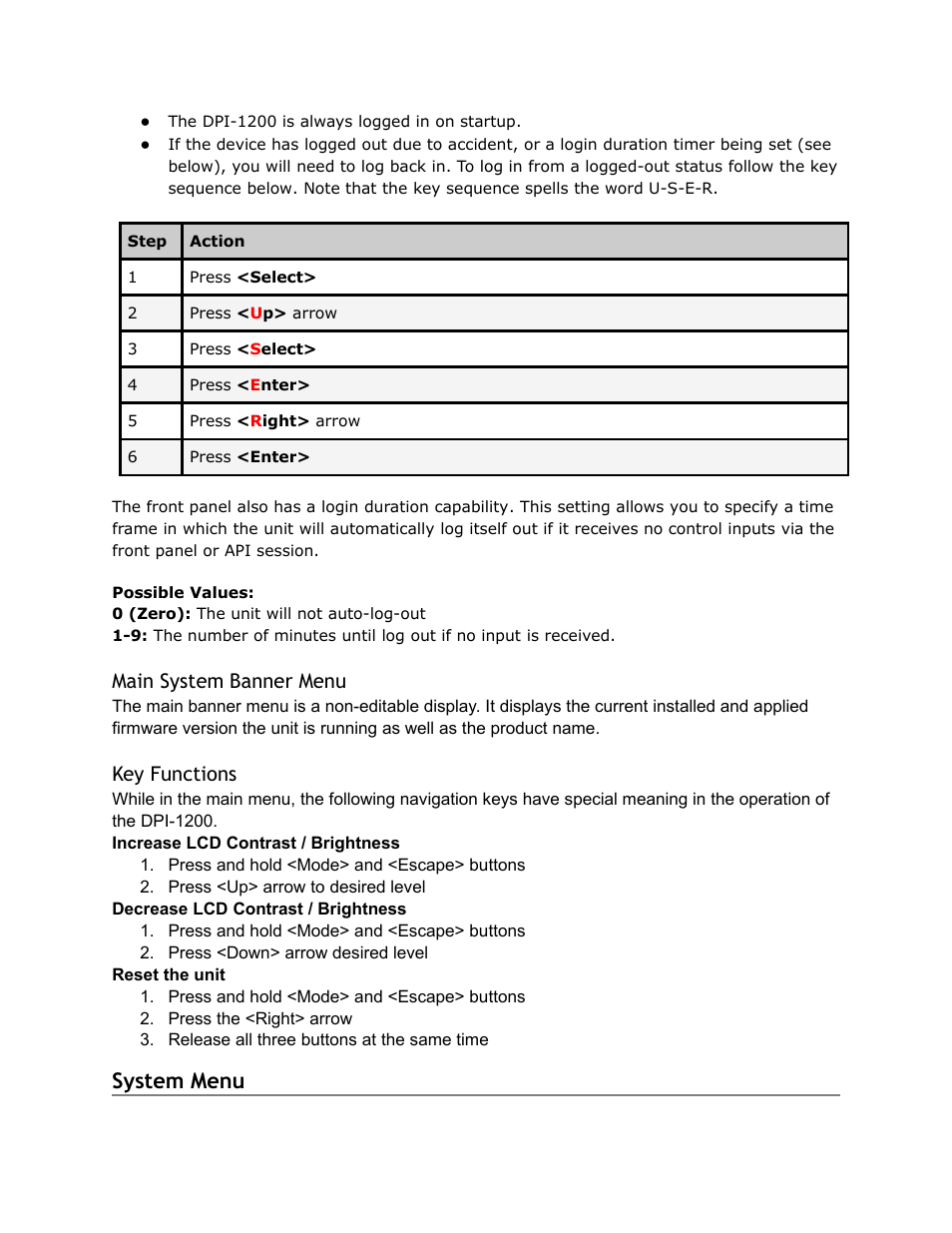 System, Menu, System menu | Main system banner menu, Key functions | Adtec digital DPI-1200 (version 01.04.08U) Manual User Manual | Page 15 / 58