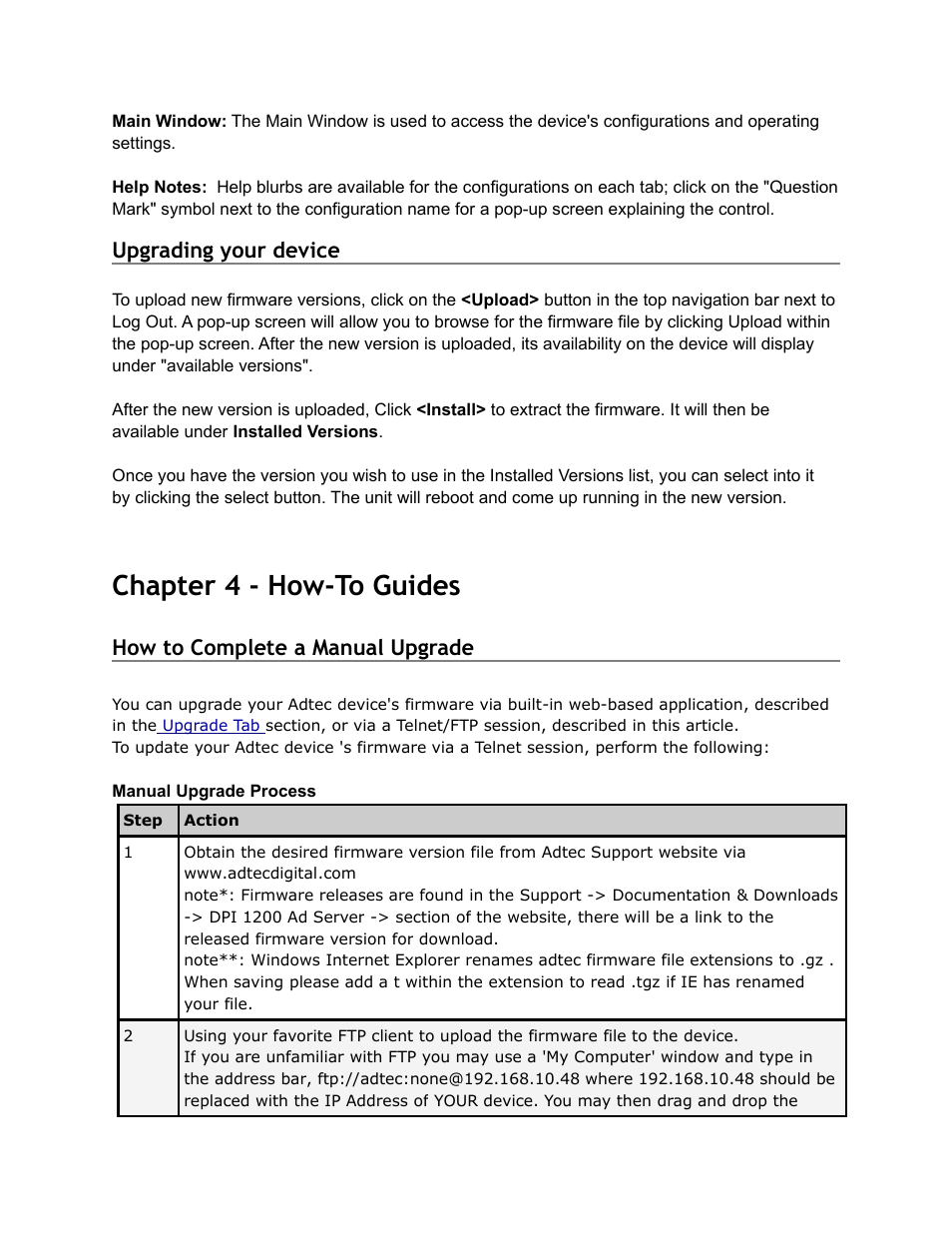 Upgrading, Your, Device | Chapter, Guides, Complete, Manual, Upgrade, Chapter 4 - how-to guides, Upgrading your device | Adtec digital DPI-1200 (version 01.04.08U) Manual User Manual | Page 26 / 58