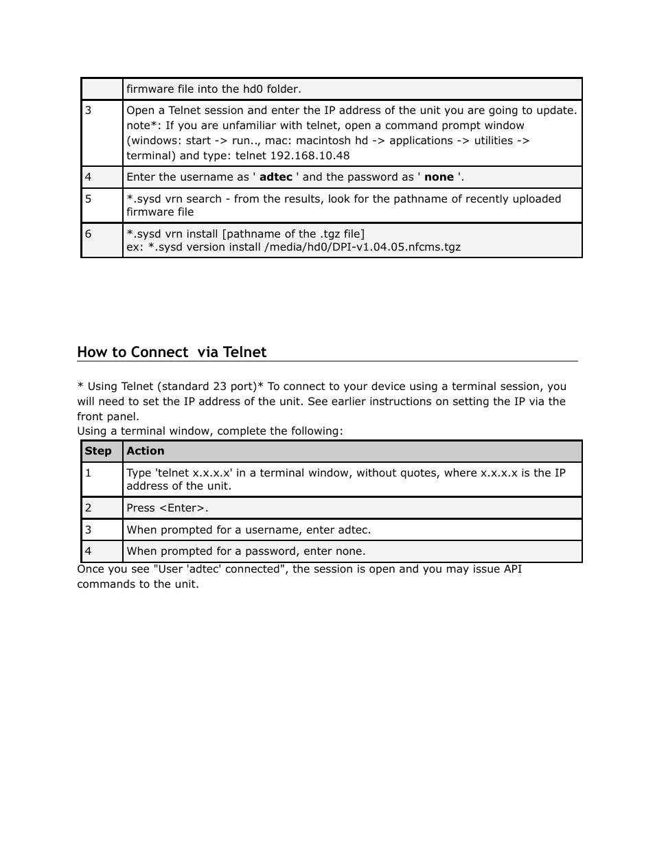 Connect, Telnet, How to connect via telnet | Adtec digital DPI-1200 (version 01.04.08U) Manual User Manual | Page 27 / 58