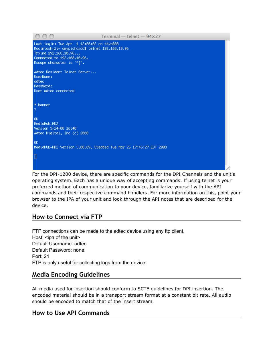 Connect, Media, Encoding | Guidelines, Commands | Adtec digital DPI-1200 (version 01.04.08U) Manual User Manual | Page 28 / 58