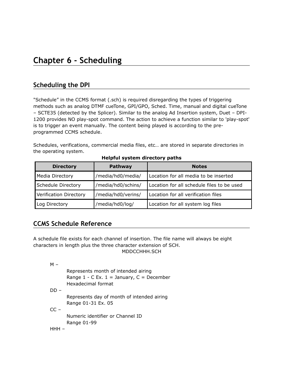 Chapter, Scheduling, Ccms | Schedule, Reference, Chapter 6 - scheduling, Scheduling the dpi, Ccms schedule reference | Adtec digital DPI-1200 (version 01.04.08U) Manual User Manual | Page 37 / 58