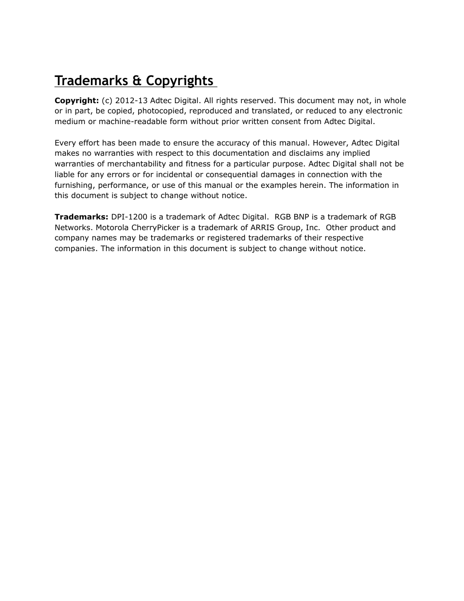 Trademarks, Copyrights, Trademarks & copyrights | Adtec digital DPI-1200 (version 01.04.08U) Manual User Manual | Page 4 / 58