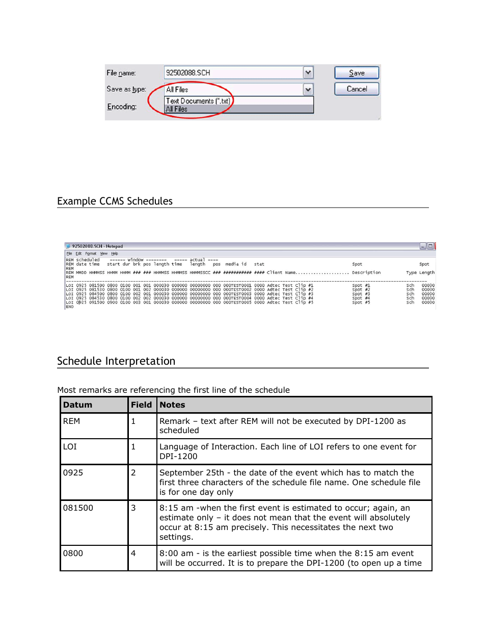 Example, Ccms, Schedules | Schedule, Interpretation, Schedule interpretation, Example ccms schedules | Adtec digital DPI-1200 (version 01.04.08U) Manual User Manual | Page 40 / 58
