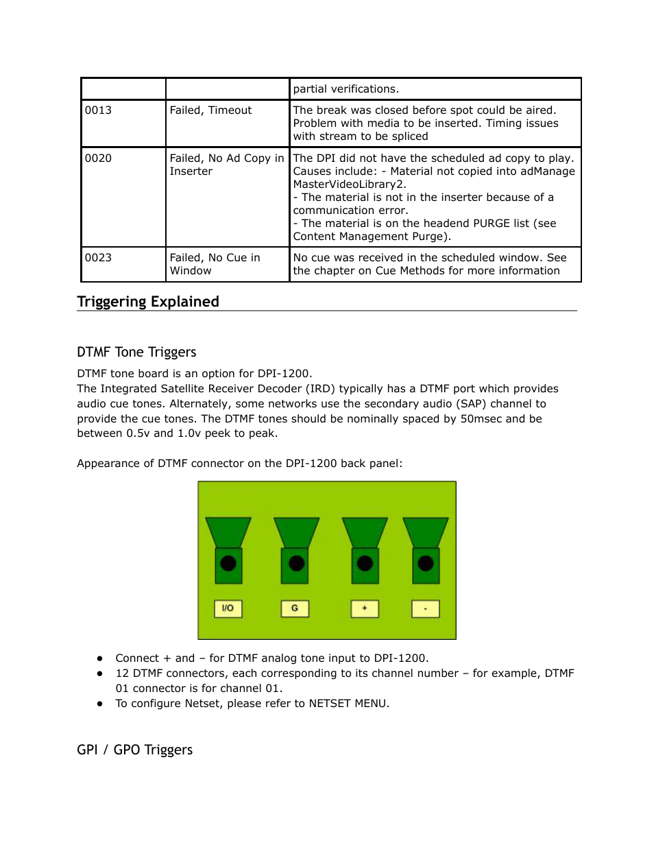 Triggering, Explained, Dtmf | Tone, Triggers, Triggering explained, Dtmf tone triggers, Gpi / gpo triggers | Adtec digital DPI-1200 (version 01.04.08U) Manual User Manual | Page 43 / 58