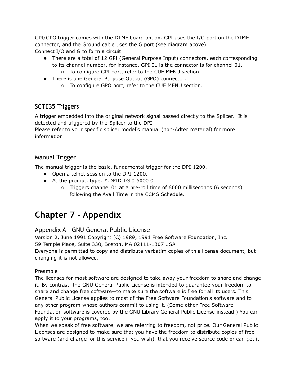 Scte, Triggers, Manual | Trigger, Chapter, Appendix, General, Public, License, Chapter 7 - appendix | Adtec digital DPI-1200 (version 01.04.08U) Manual User Manual | Page 44 / 58