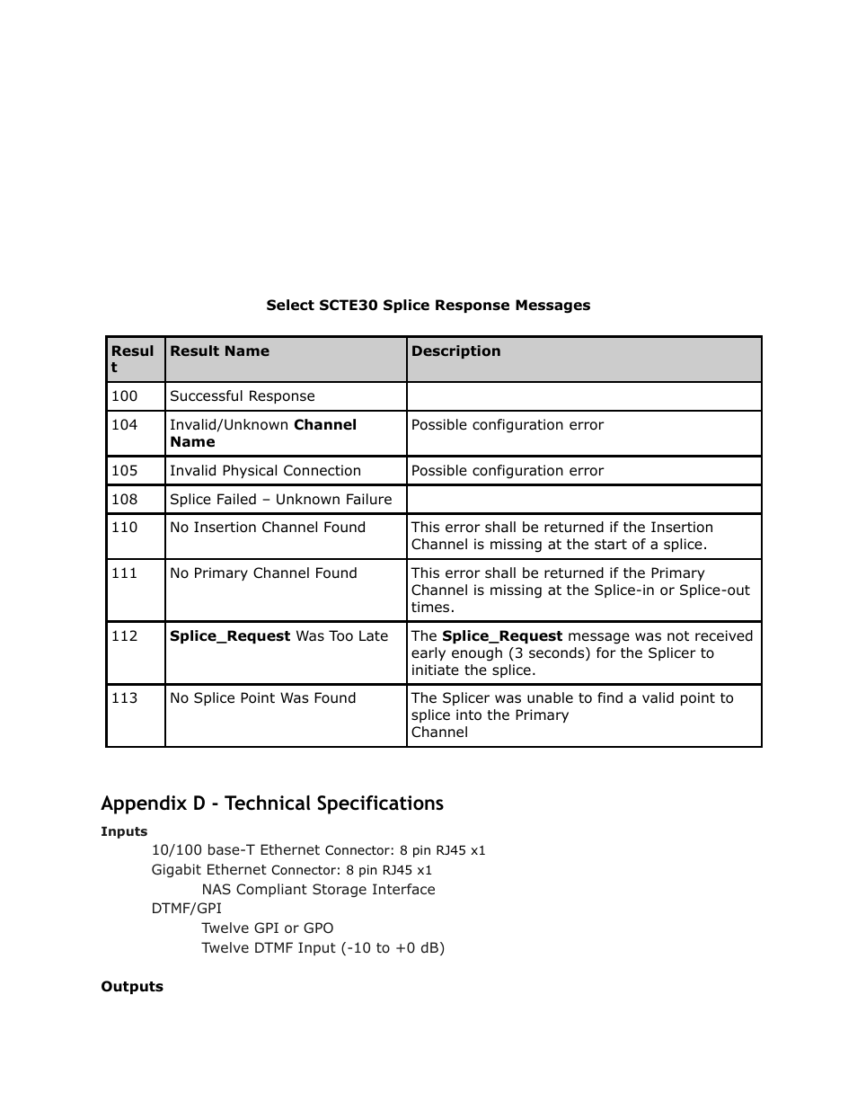Appendix, Technical, Specifications | Appendix d - technical specifications | Adtec digital DPI-1200 (version 01.04.08U) Manual User Manual | Page 56 / 58