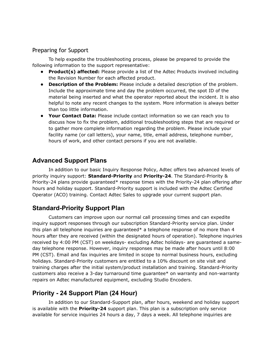 Preparing, Support, Advanced | Plans, Standard, Priority, Plan, Hour, Advanced support plans, Standard-priority support plan | Adtec digital DPI-1200 (version 01.04.08U) Manual User Manual | Page 6 / 58