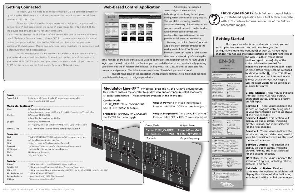 Web-based control application getting connected, Getting started, Have questions | Adtec digital EN-30 (version 1.02.02) Quick Start User Manual | Page 2 / 2