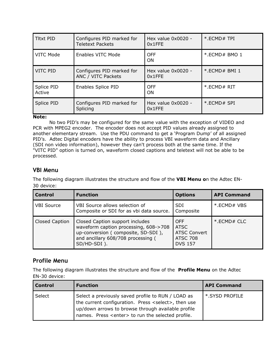 Vbi menu, Profile menu, Menu profile | Menu | Adtec digital EN-30 (version 1.02.02) Manual User Manual | Page 25 / 59