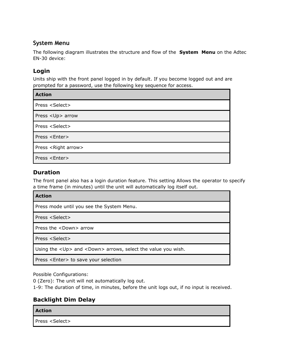 System menu, Login, Duration | Backlight dim delay, System, Menu, Login duration backlight, Delay | Adtec digital EN-30 (version 1.02.02) Manual User Manual | Page 27 / 59