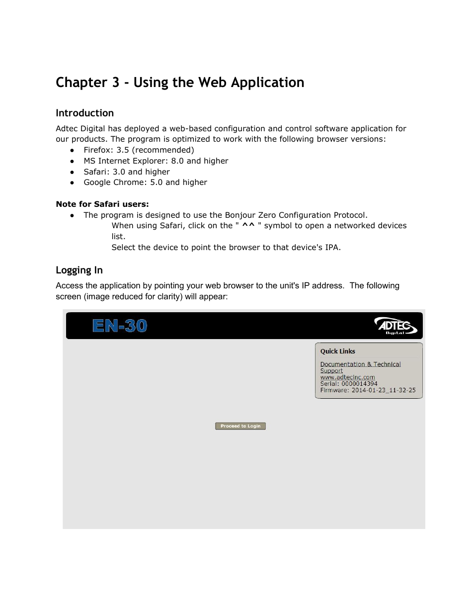 Chapter 3 - using the web application, Introduction, Logging in | Chapter, Using, Application, Logging | Adtec digital EN-30 (version 1.02.02) Manual User Manual | Page 33 / 59