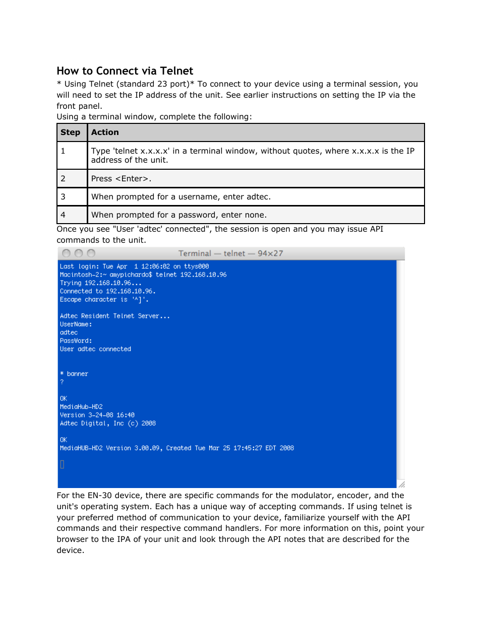 How to connect via telnet, Connect, Telnet | Adtec digital EN-30 (version 1.02.02) Manual User Manual | Page 36 / 59