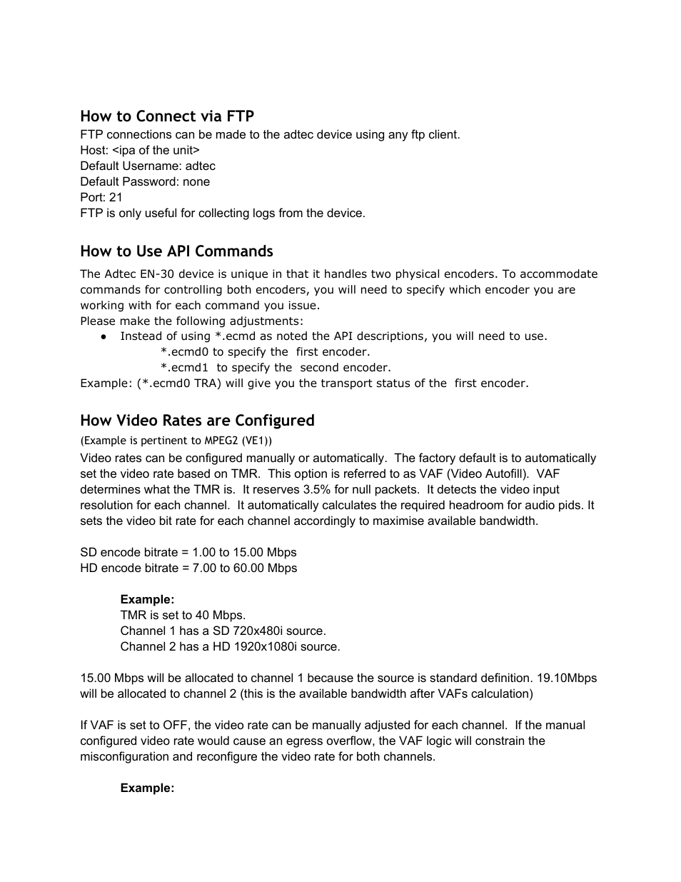 How to connect via ftp, How to use api commands, How video rates are configured | Example is pertinent to mpeg2 (ve1)), Connect, Commands, Video, Rates, Configured, Example | Adtec digital EN-30 (version 1.02.02) Manual User Manual | Page 37 / 59