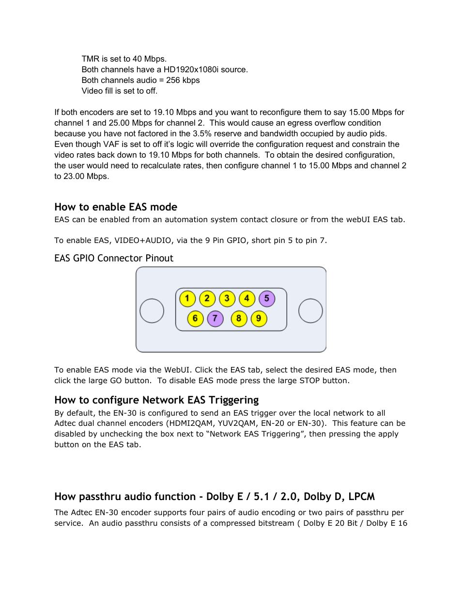 How to enable eas mode, Eas gpio connector pinout, How to configure network eas triggering | Enable, Mode, Gpio, Connector, Pinout, Configure, Network | Adtec digital EN-30 (version 1.02.02) Manual User Manual | Page 38 / 59