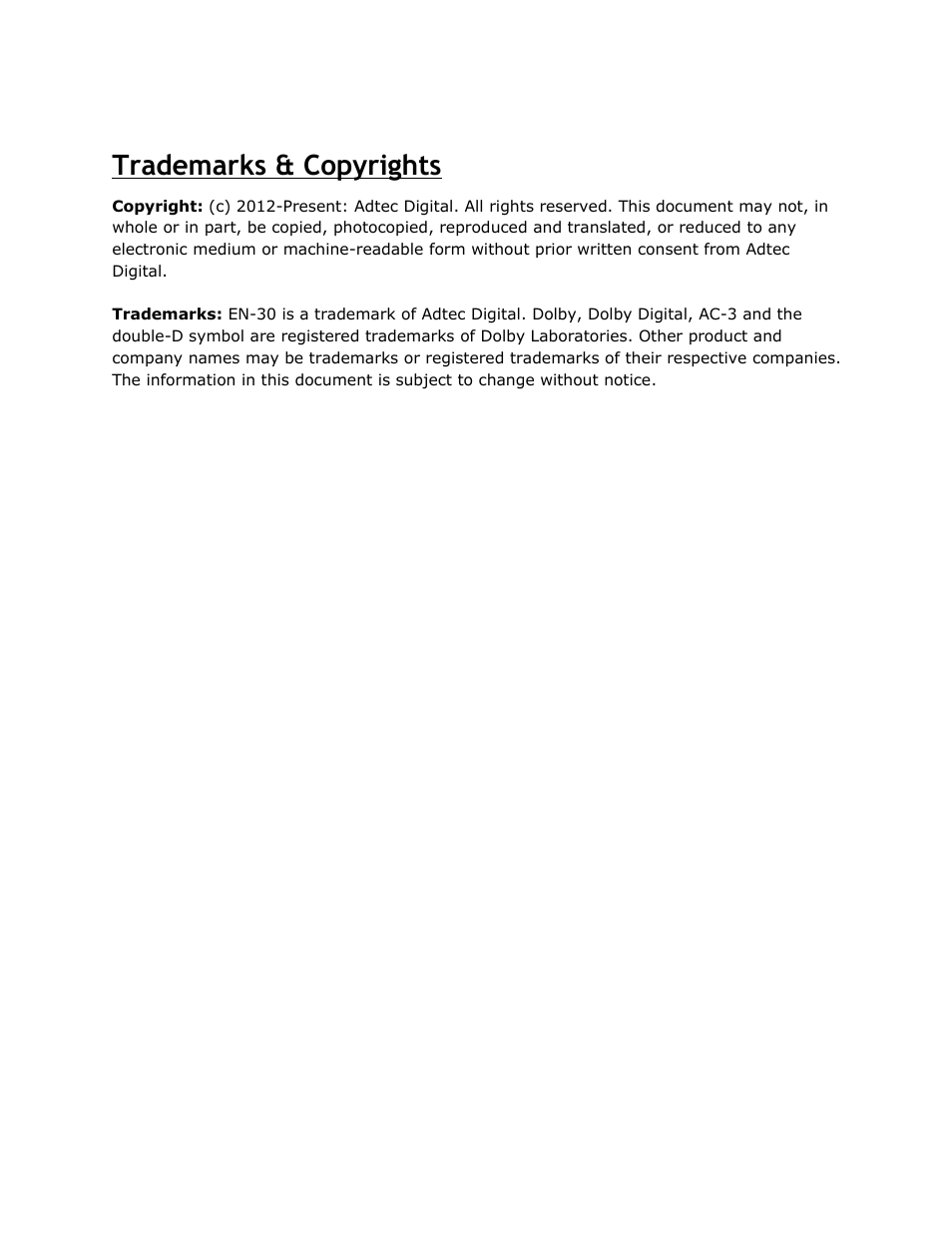 Trademarks & copyrights, Trademarks, Copyrights | Adtec digital EN-30 (version 1.02.02) Manual User Manual | Page 4 / 59