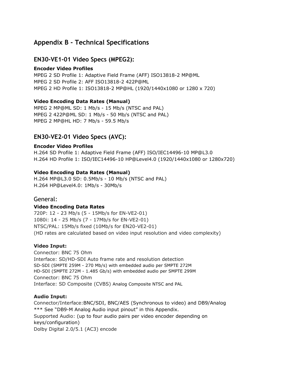 Appendix b - technical specifications, En30-ve1-01 video specs (mpeg2), En30-ve2-01 video specs (avc) | Appendix, Technical, Specifications, Video, Specs, Mpeg | Adtec digital EN-30 (version 1.02.02) Manual User Manual | Page 52 / 59