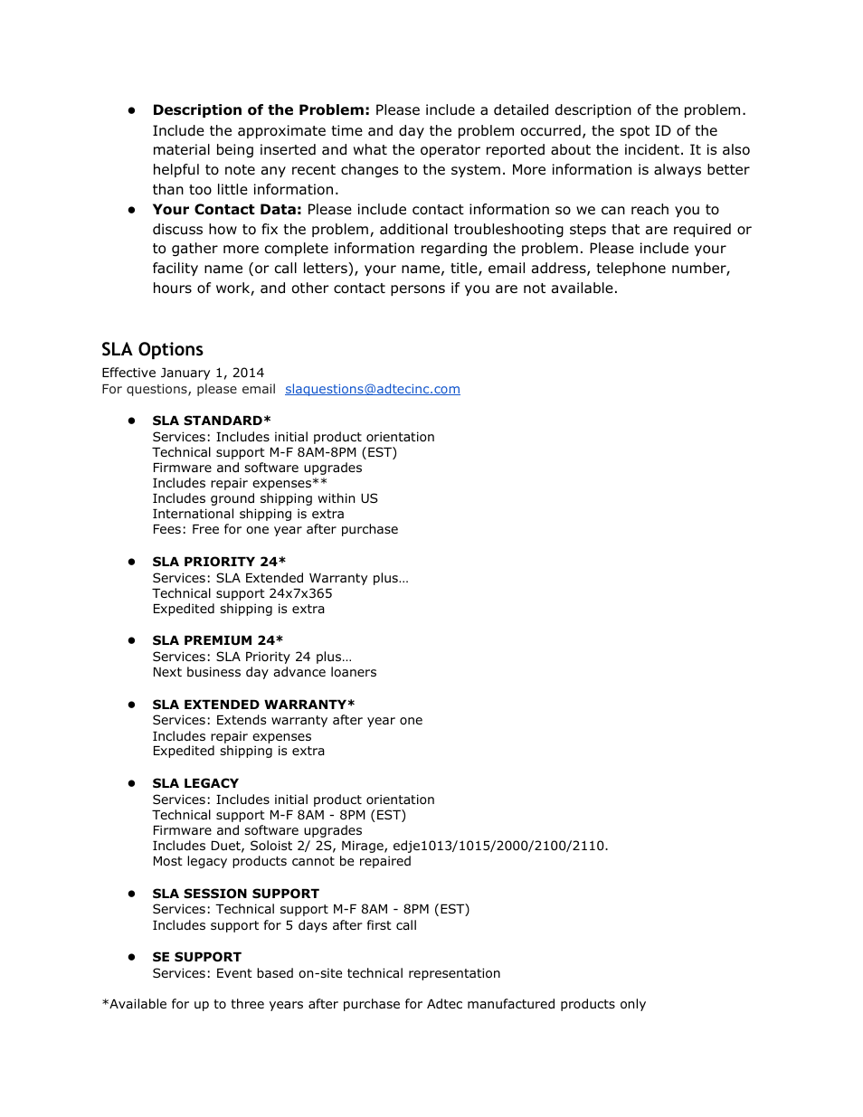 Sla options, Options | Adtec digital EN-30 (version 1.02.02) Manual User Manual | Page 58 / 59