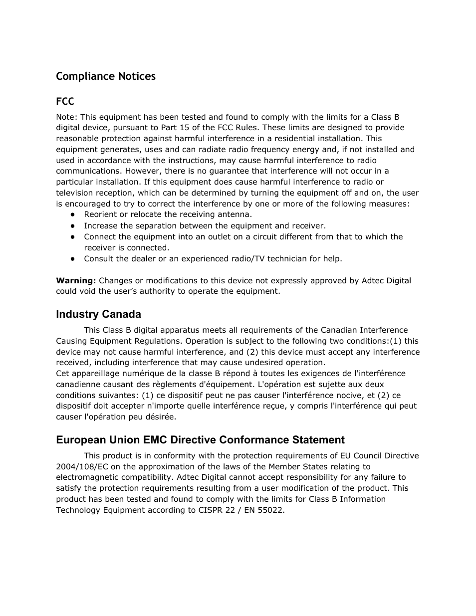 Compliance notices, Industry canada, European union emc directive conformance statement | Compliance, Notices, Fcc industry, Canada, European, Union, Directive | Adtec digital EN-30 (version 1.02.02) Manual User Manual | Page 6 / 59