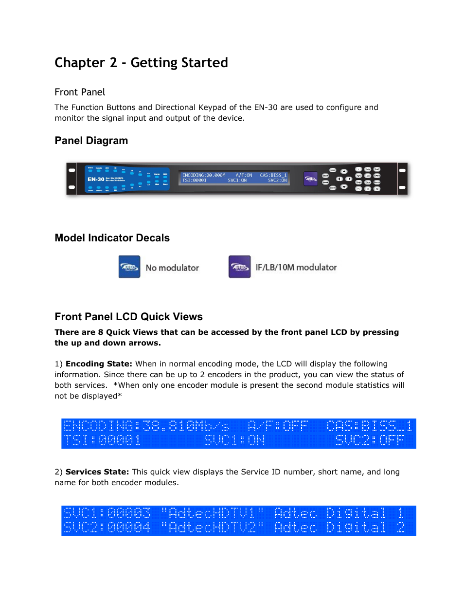 Chapter 2 - getting started, Front panel, Panel diagram | Model indicator decals, Front panel lcd quick views, Chapter, Getting, Started, Front, Panel | Adtec digital EN-30 (version 1.02.02) Manual User Manual | Page 8 / 59
