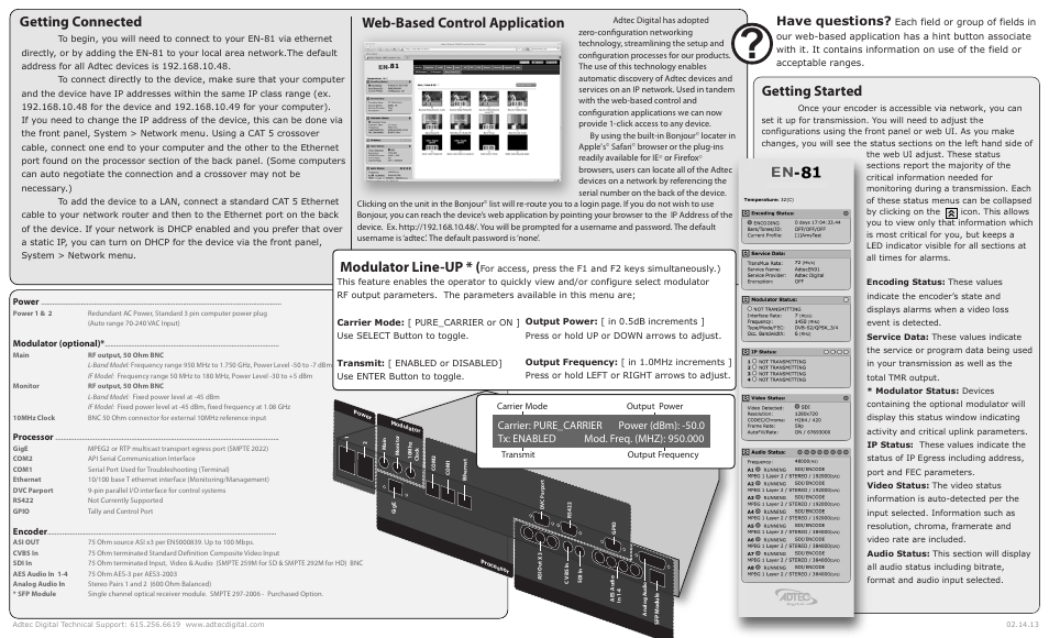 Web-based control application getting connected, Getting started, Modulator line-up | Have questions | Adtec digital EN-81 (version 2.02.28) Quick Start User Manual | Page 2 / 2