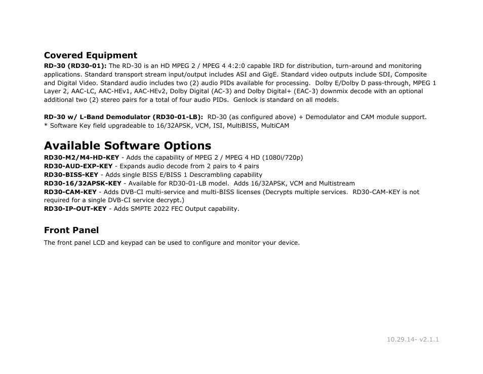 Covered equipment, Front panel, Covered | Equipment, Front, Panel, Available software options | Adtec digital RD-30 (version 2.1.1) Manual User Manual | Page 10 / 39