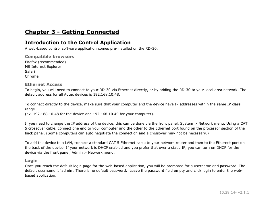 Chapter 3 - getting connected, Introduction to the control application, Compatible browsers | Ethernet access, Login, Chapter, Getting, Connected, Introduction, Control | Adtec digital RD-30 (version 2.1.1) Manual User Manual | Page 16 / 39