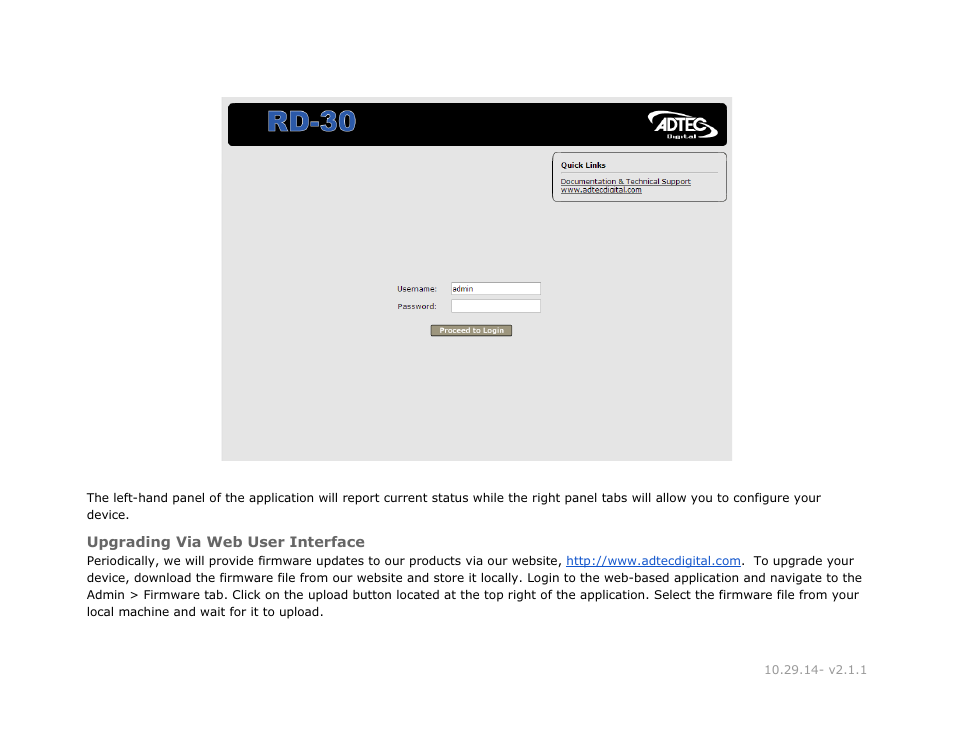 Upgrading via web user interface, Upgrading, User | Interface | Adtec digital RD-30 (version 2.1.1) Manual User Manual | Page 17 / 39