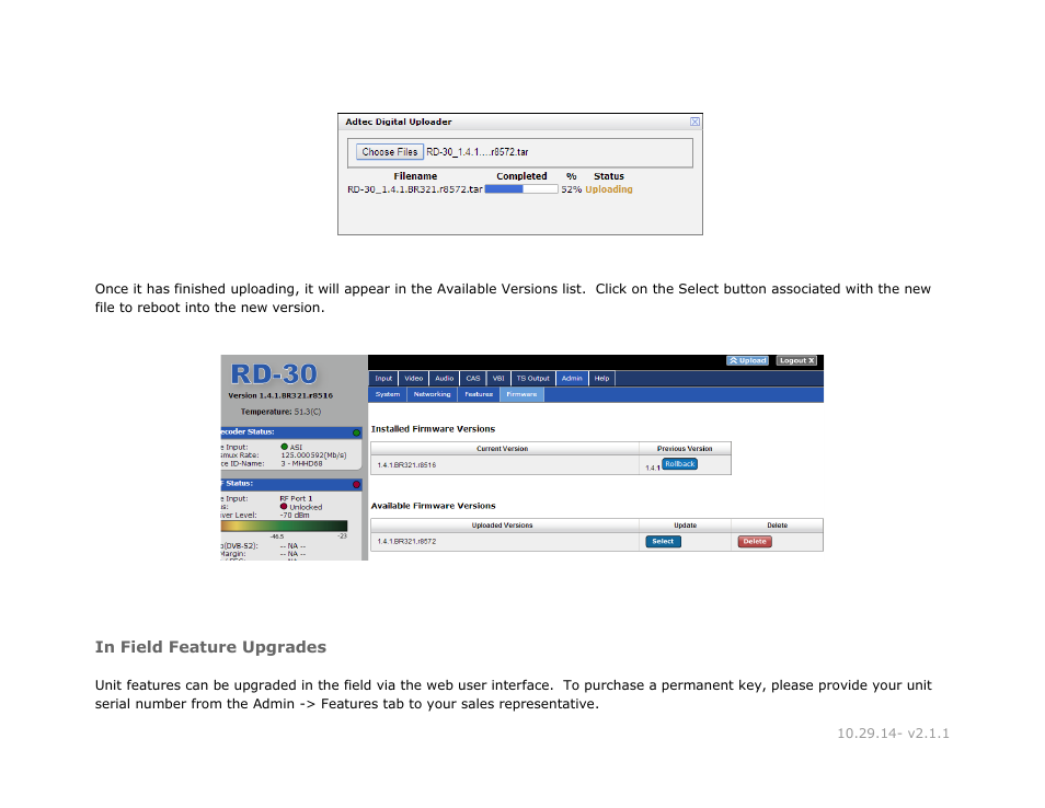 In field feature upgrades, Field, Feature | Upgrades | Adtec digital RD-30 (version 2.1.1) Manual User Manual | Page 18 / 39