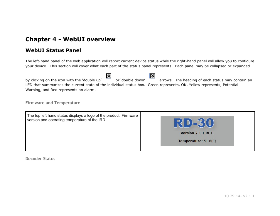 Chapter 4 - webui overview, Webui status panel, Firmware and temperature | Chapter, Webui, Overview, Status, Panel, Firmware, Temperature | Adtec digital RD-30 (version 2.1.1) Manual User Manual | Page 20 / 39