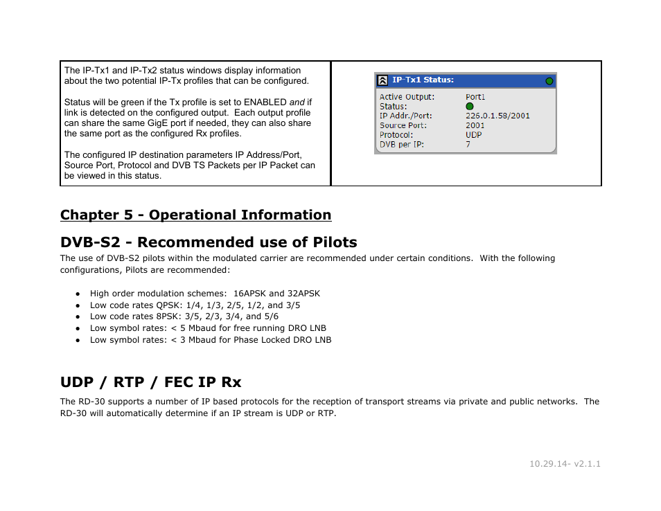 Chapter 5 - operational information, Dvb-s2 - recommended use of pilots, Udp / rtp / fec ip rx | Recommended, Pilots, Chapter, Operational, Information | Adtec digital RD-30 (version 2.1.1) Manual User Manual | Page 23 / 39
