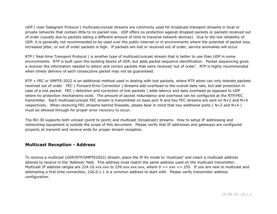 Multicast reception - address, Multicast, Reception | Address | Adtec digital RD-30 (version 2.1.1) Manual User Manual | Page 24 / 39