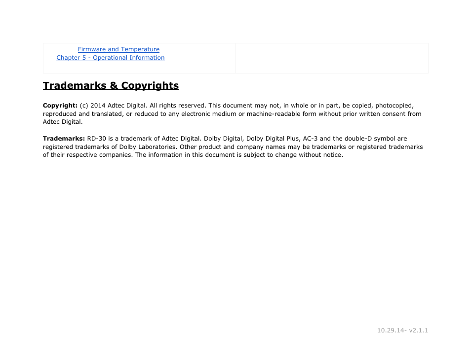Trademarks & copyrights, Trademarks, Copyrights | Adtec digital RD-30 (version 2.1.1) Manual User Manual | Page 3 / 39