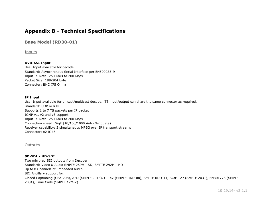 Appendix b - technical specifications, Base model (rd30-01), Inputs | Outputs, Appendix, Technical, Specifications, Base, Model, Inputs outputs | Adtec digital RD-30 (version 2.1.1) Manual User Manual | Page 32 / 39