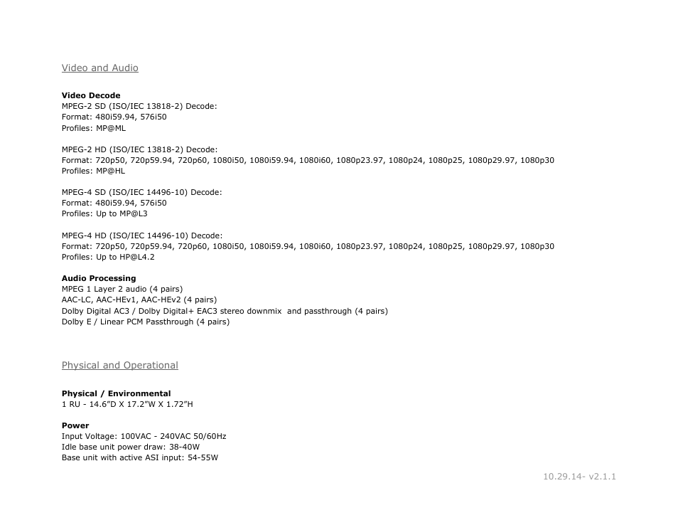 Video and audio, Physical and operational, Video | Audio, Physical, Operational | Adtec digital RD-30 (version 2.1.1) Manual User Manual | Page 34 / 39