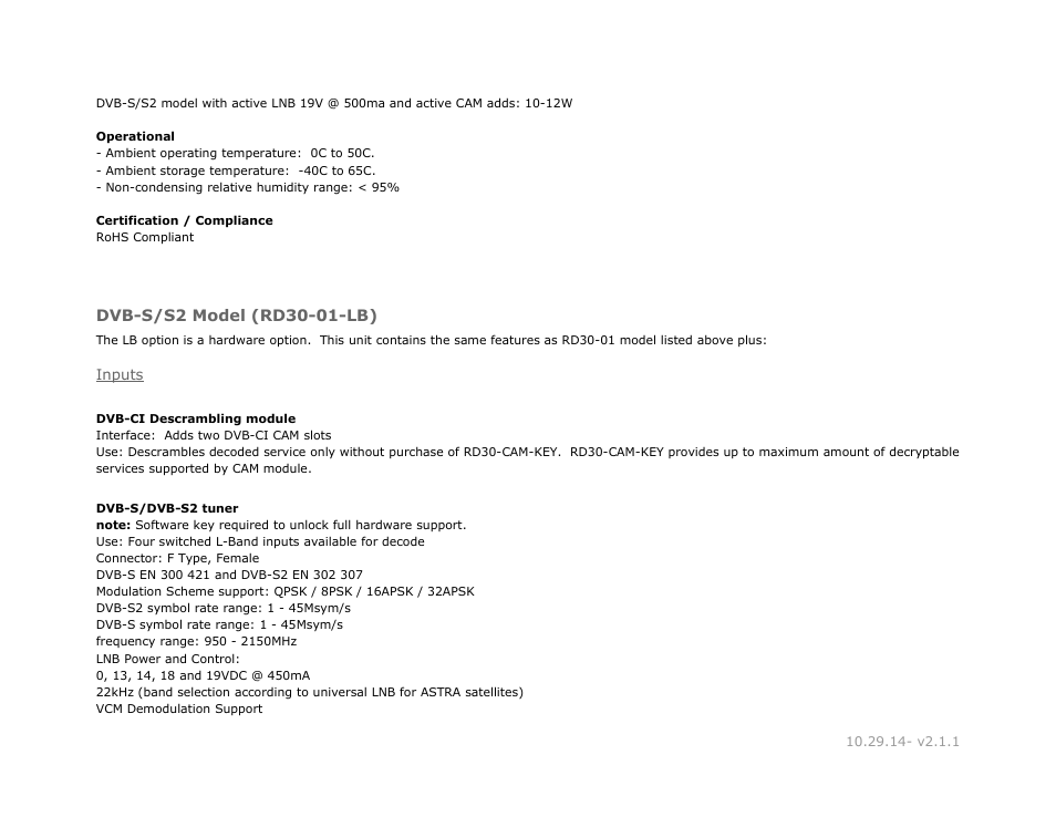 Dvb-s/s2 model (rd30-01-lb), Inputs, Model | Adtec digital RD-30 (version 2.1.1) Manual User Manual | Page 35 / 39