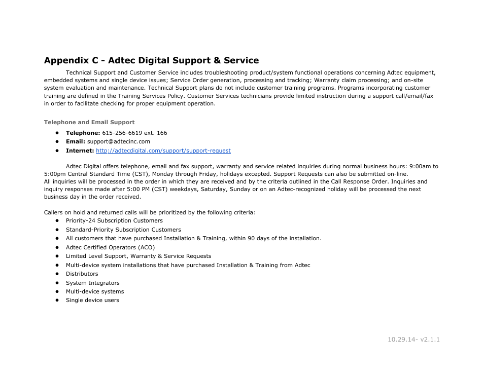 Appendix c - adtec digital support & service, Telephone and email support, Appendix | Adtec, Digital, Support, Service, Telephone, Email | Adtec digital RD-30 (version 2.1.1) Manual User Manual | Page 37 / 39