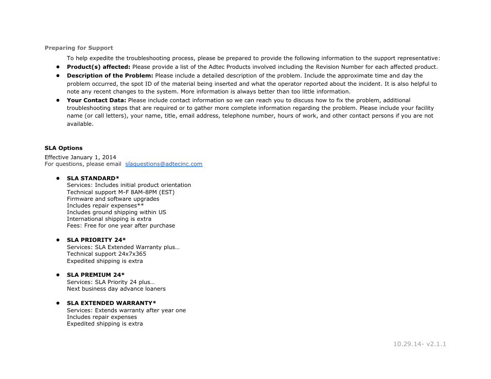 Preparing for support, Sla options, Preparing | Support, Options | Adtec digital RD-30 (version 2.1.1) Manual User Manual | Page 38 / 39