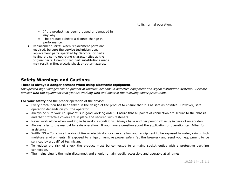 Safety warnings and cautions, Safety, Warnings | Cautions | Adtec digital RD-30 (version 2.1.1) Manual User Manual | Page 5 / 39