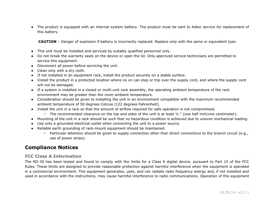 Compliance notices, Fcc class a information, Compliance | Notices, Class, Information | Adtec digital RD-30 (version 2.1.1) Manual User Manual | Page 6 / 39