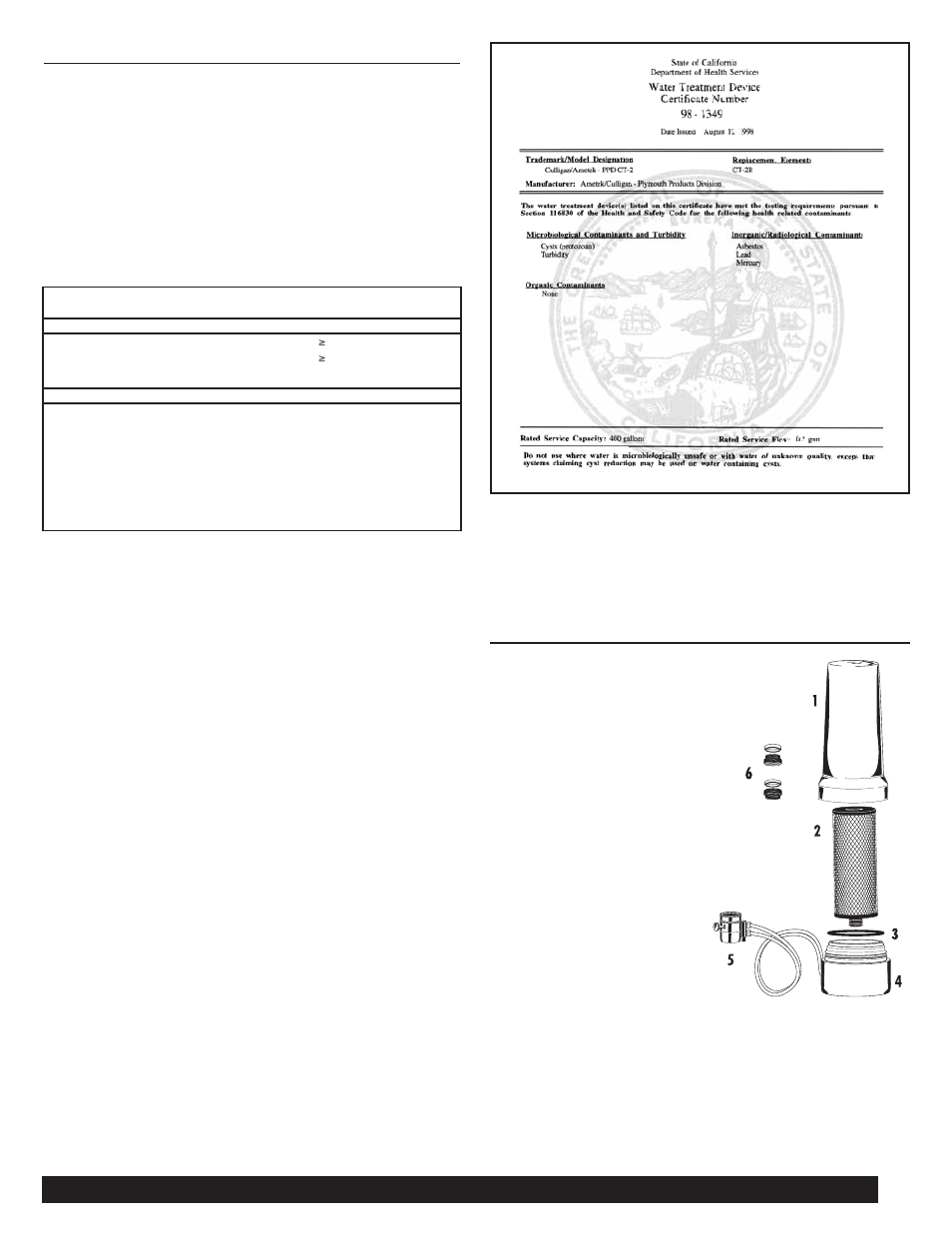 Piezas de reemplazo, Datos de funcionamiento, Cartucho ct-2r | Culligan CT-2 User Manual | Page 7 / 8