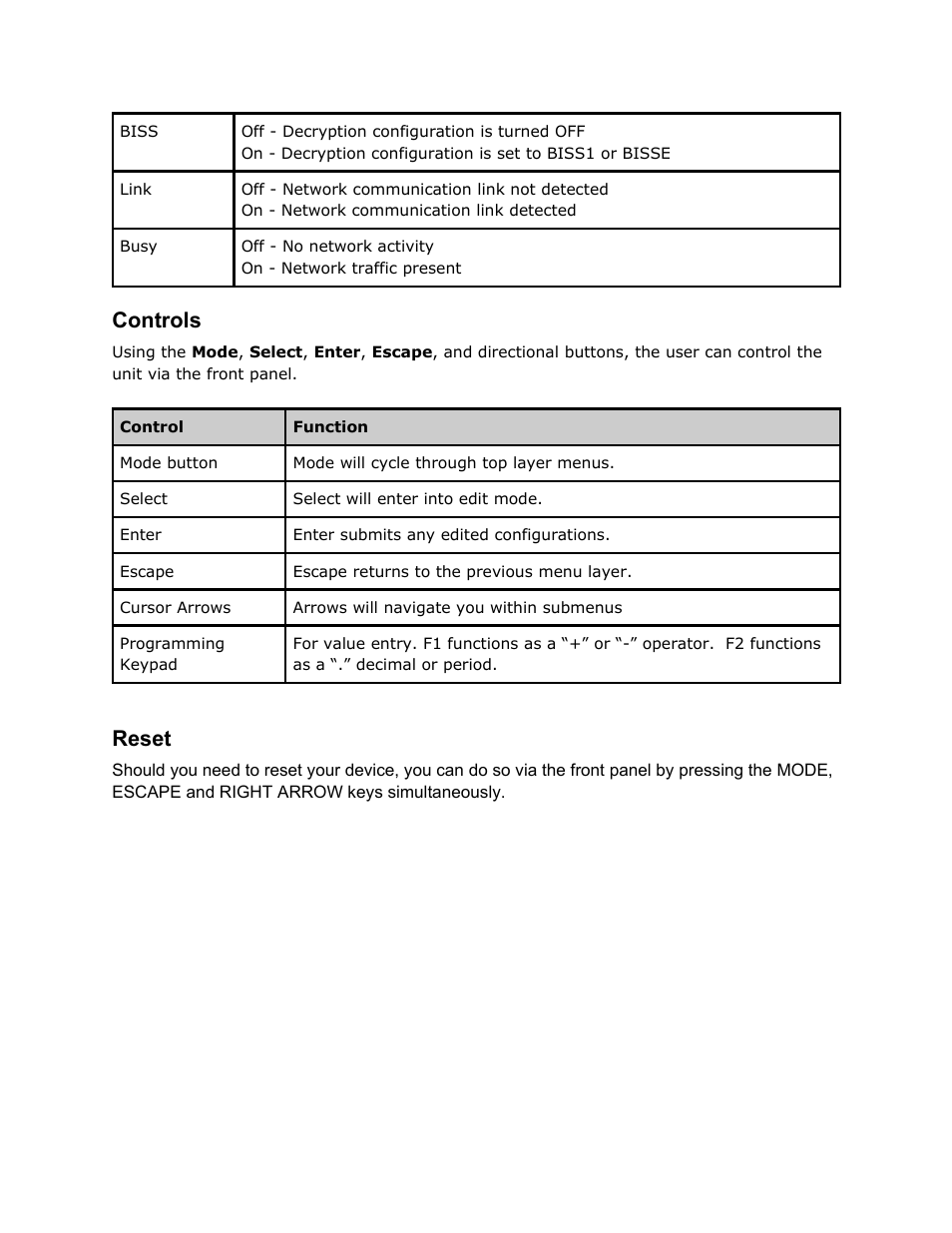 Controls, Reset, Controls reset | Adtec digital RD-70 (version 1.02.04) Manual User Manual | Page 11 / 68