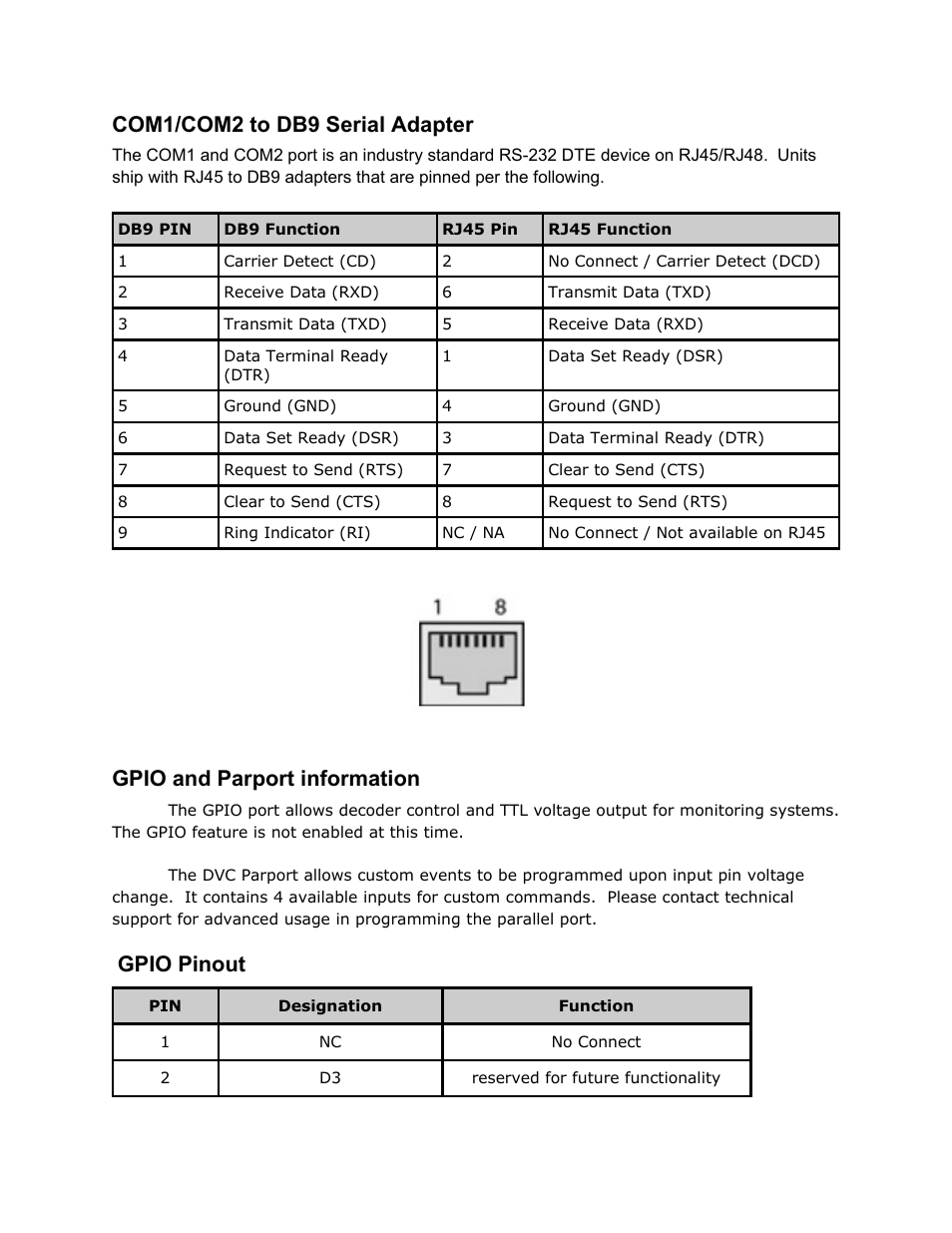 Com1/com2 to db9 serial adapter, Gpio and parport information, Gpio pinout | Serial, Adapter, Gpio, Parport, Information, Pinout, Ethernet | Adtec digital RD-70 (version 1.02.04) Manual User Manual | Page 36 / 68