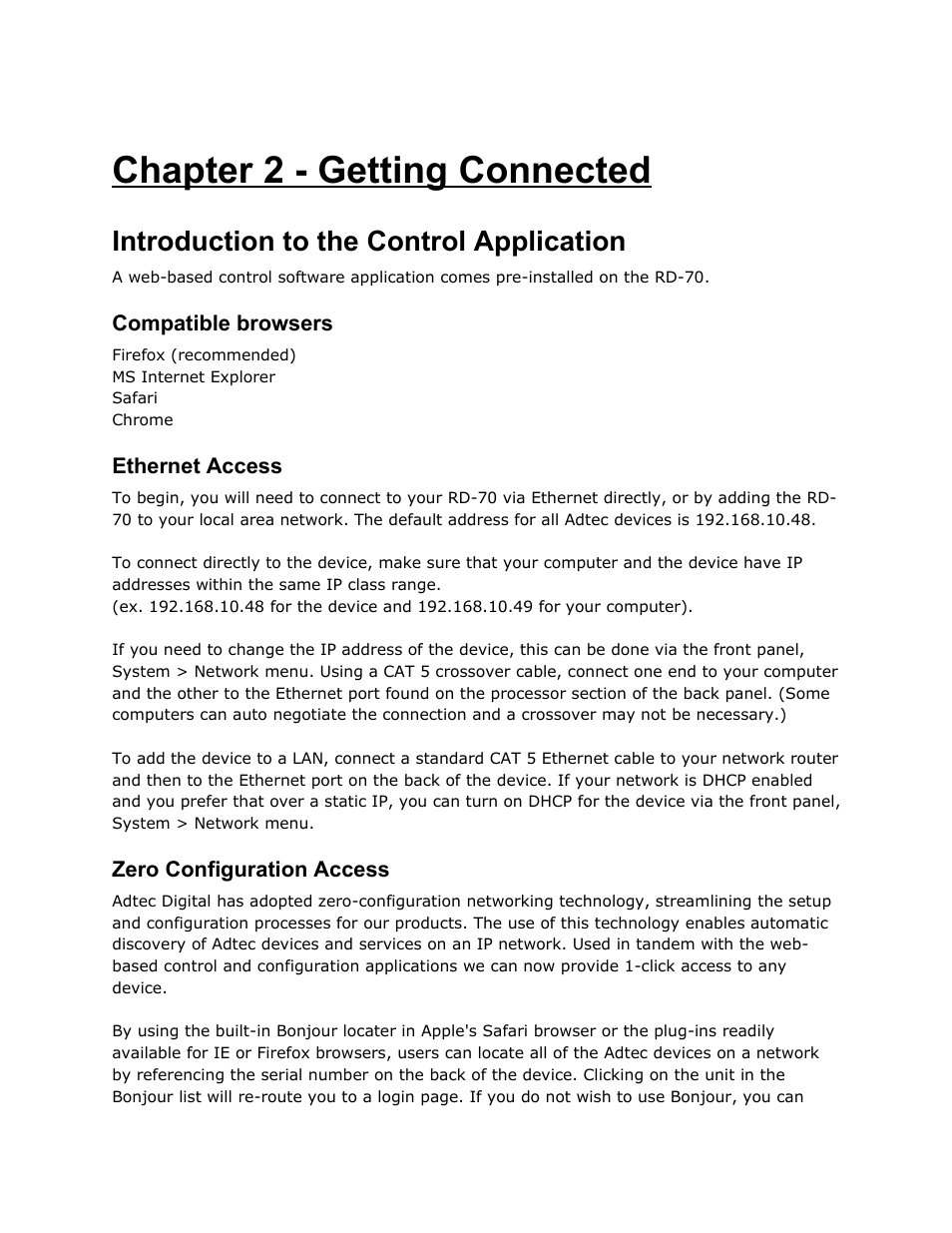 Chapter 2 - getting connected, Introduction to the control application, Compatible browsers | Ethernet access, Zero configuration access, Chapter, Getting, Connected, Introduction, Control | Adtec digital RD-70 (version 1.02.04) Manual User Manual | Page 38 / 68