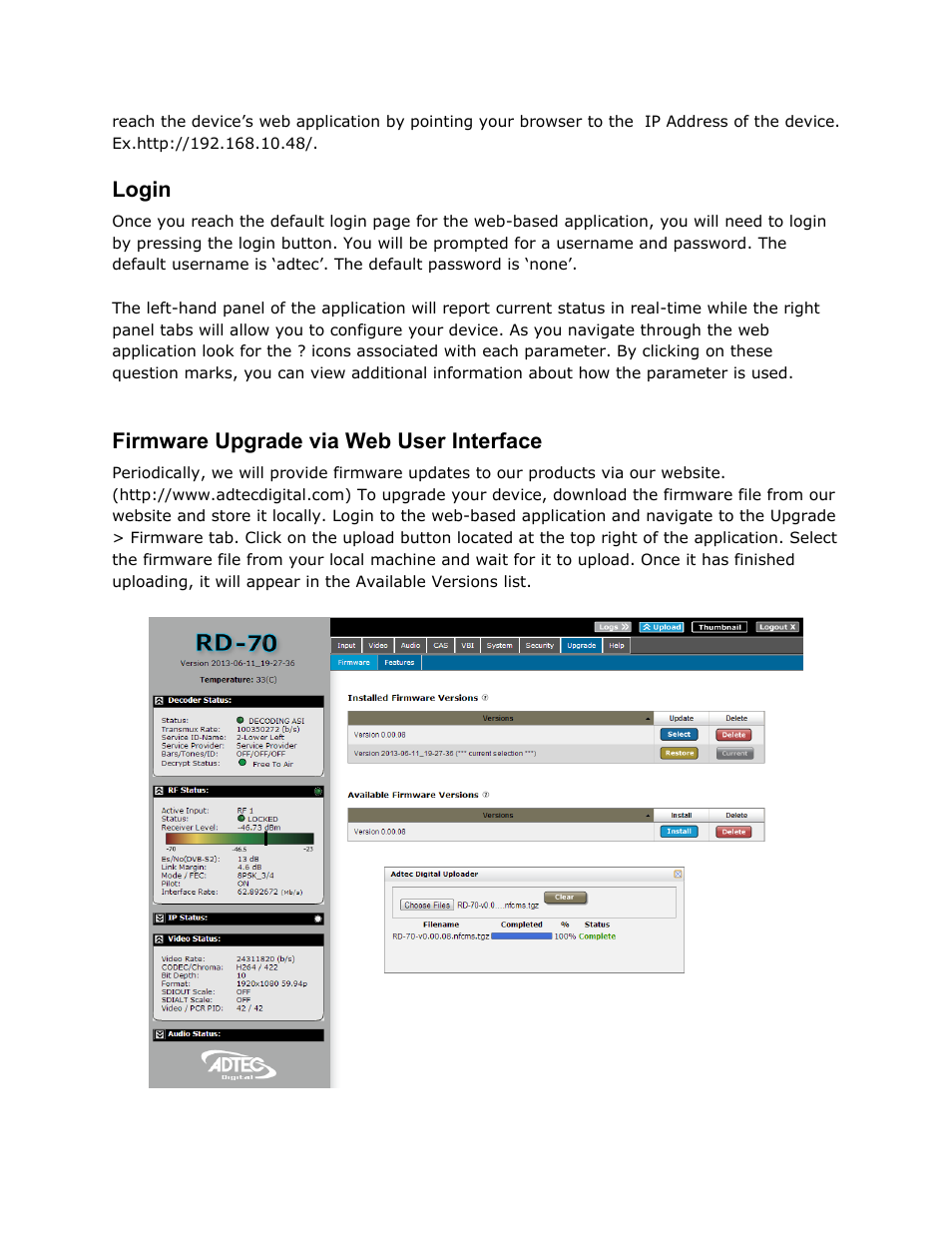 Login, Firmware upgrade via web user interface, Login firmware | Upgrade, User, Interface | Adtec digital RD-70 (version 1.02.04) Manual User Manual | Page 39 / 68