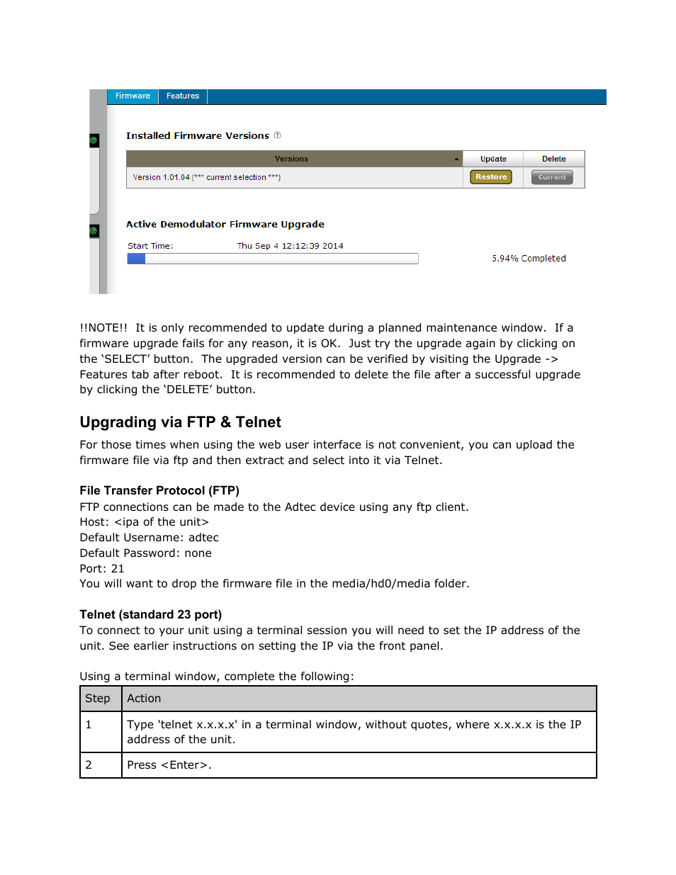 Upgrading via ftp & telnet, Upgrading, Telnet | Adtec digital RD-70 (version 1.02.04) Manual User Manual | Page 42 / 68