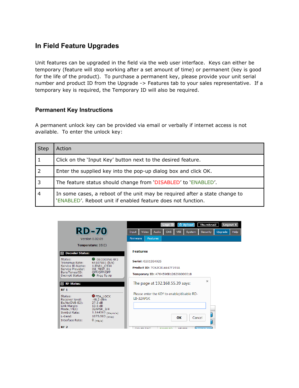 In field feature upgrades, Permanent key instructions, Field | Feature, Upgrades, Permanent, Instructions | Adtec digital RD-70 (version 1.02.04) Manual User Manual | Page 44 / 68