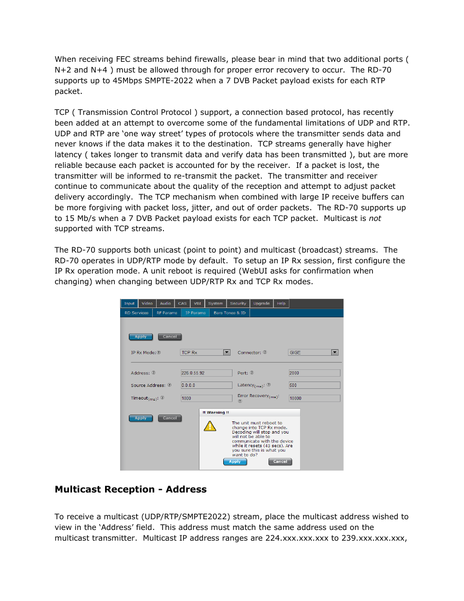 Multicast reception - address, Multicast, Reception | Address | Adtec digital RD-70 (version 1.02.04) Manual User Manual | Page 50 / 68
