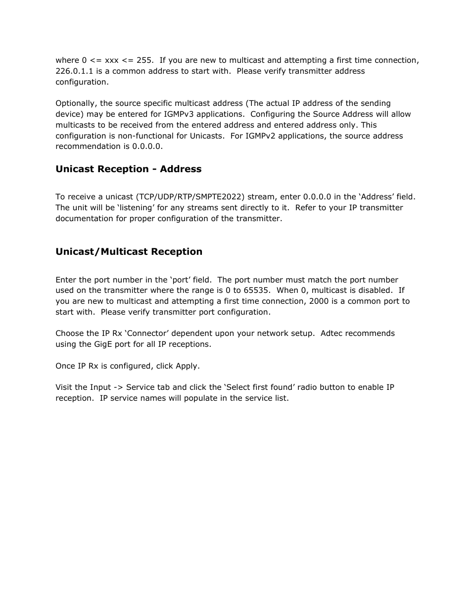 Unicast reception - address, Unicast/multicast reception, Unicast | Reception, Address, Multicast | Adtec digital RD-70 (version 1.02.04) Manual User Manual | Page 51 / 68