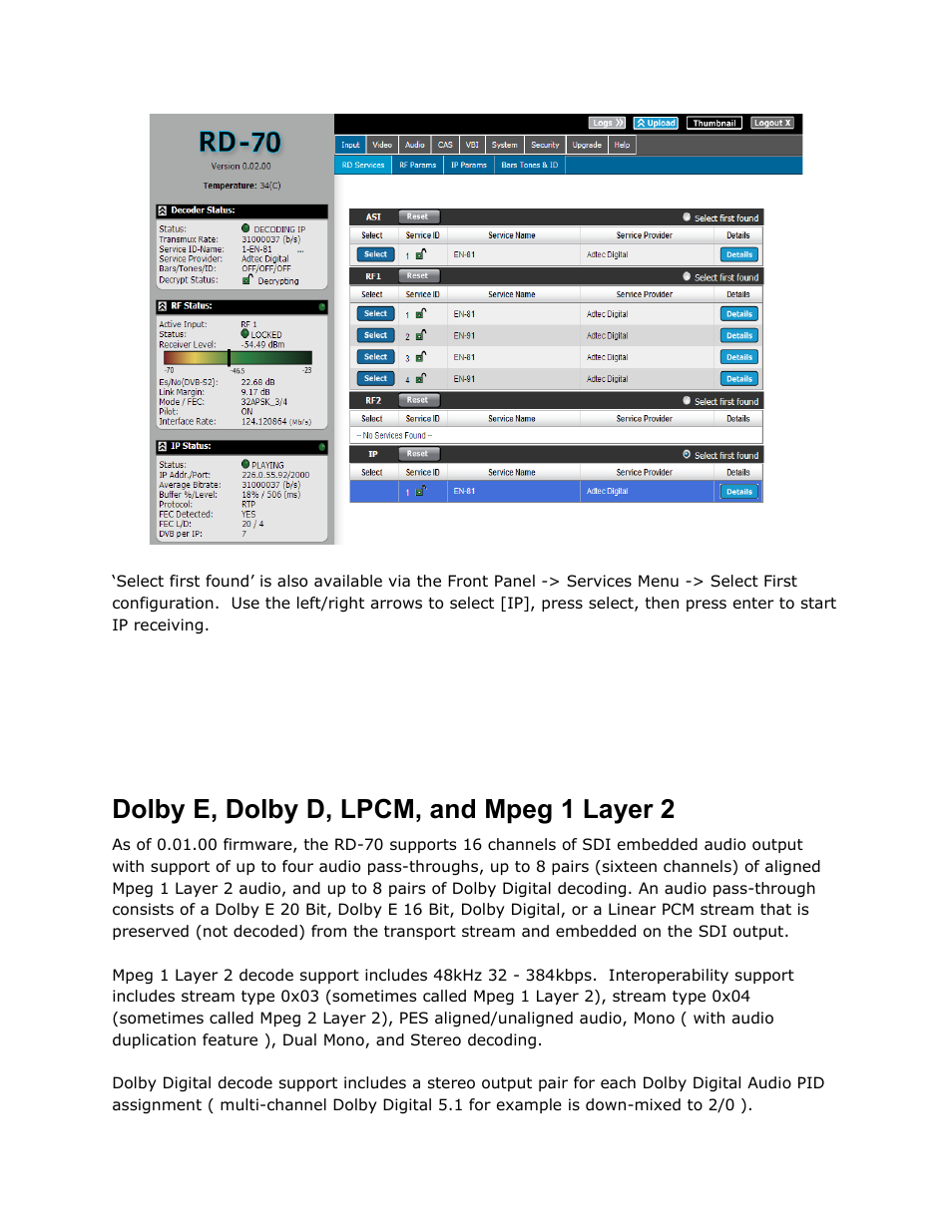 Dolby e, dolby d, lpcm, and mpeg 1 layer 2, Dolby, Lpcm | Mpeg, Layer | Adtec digital RD-70 (version 1.02.04) Manual User Manual | Page 52 / 68