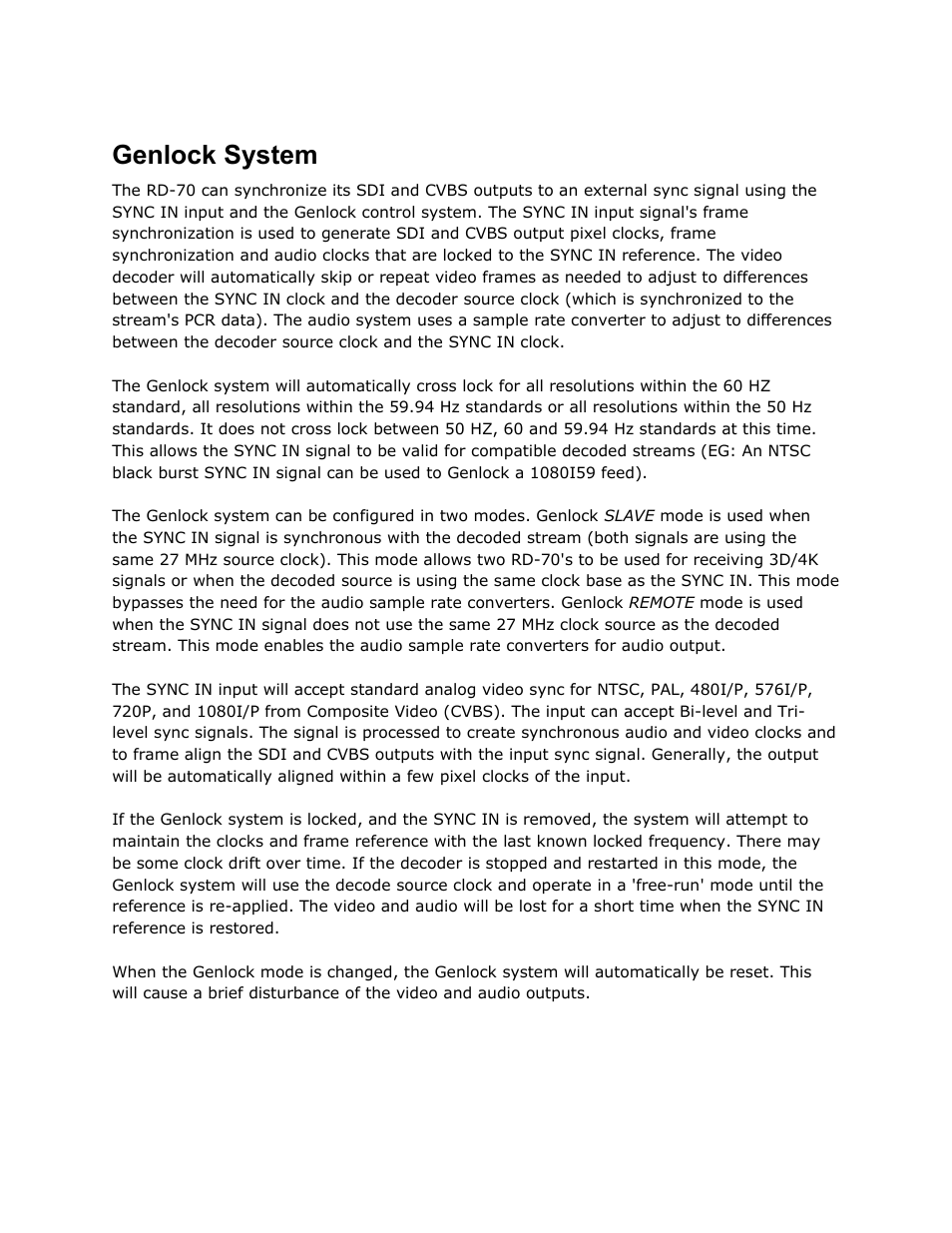 Genlock system, Genlock, System | Adtec digital RD-70 (version 1.02.04) Manual User Manual | Page 55 / 68